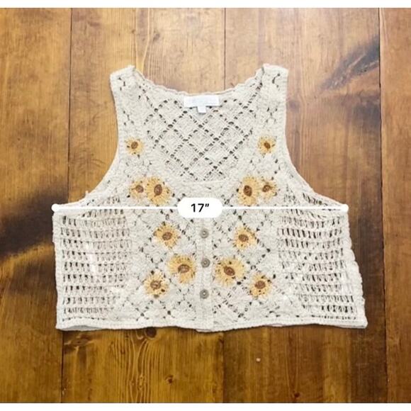 Rebellion Crochet Vest Small Sunflower Embroidered Button Front 100% Cotton Boho - Picture 5 of 8